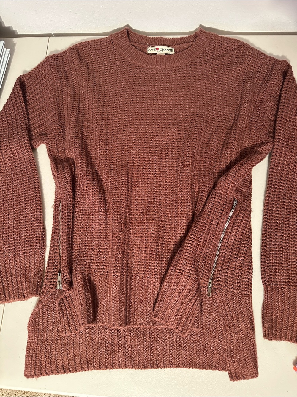 Love Change Waffle Knit Crewneck Sweater in Rusty Rose